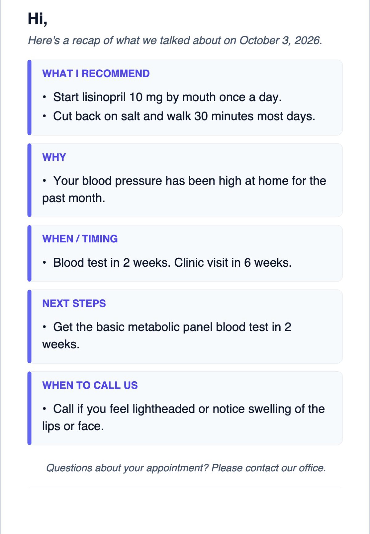 A sample patient handout: a one-page PDF with the same recommendations, written to the patient.